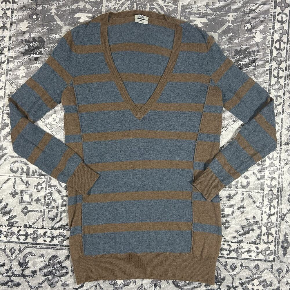 Wallace XS Blue Brown Striped V-Neck Sweater Rabbit Hair Cashmere Lambswool